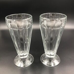 2 Vintage Tall Libbey Milkshake Sundae Soda Malt Glasses Basket-Weave Base